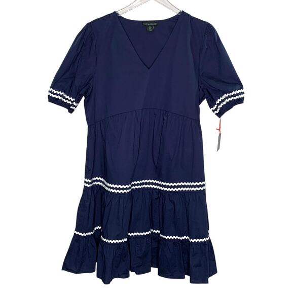 Cynthia Rowley L NEW Navy V Neck A Line Dress Pleated Hem - Picture 1 of 8